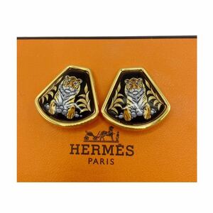 【美品】エルメス HERMES エマイユ イヤリング タイガー トラ 虎 ブラック × ゴールド 七宝焼き ゴールド