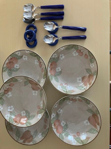 新品 果実かご付きカレー皿5枚&スプーン5本&スプーン置き5つセット