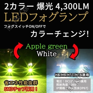 2色切替式 ライムグリーン ホワイト LEDフォグランプ H8 H11 H16 フォグライト 12V 24V 最新LEDチップ 送料無料