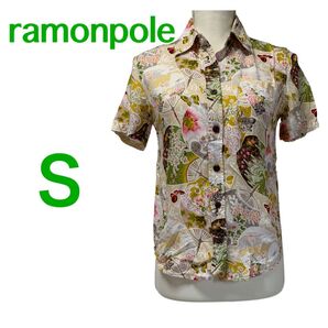 【人気品】ramonpole☆アロハ風シャツ☆うちわ&花柄デザイン☆可愛い☆S