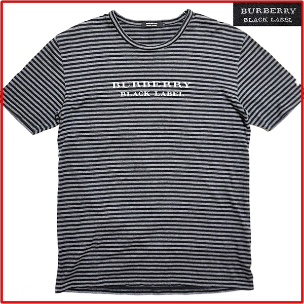即決★BURBERRY BLACK LABEL★メンズ3≒L位 Tシャツ バーバリーブラックレーベル 廃番 ブラック×グレー ボーダー 三陽商会 日本製