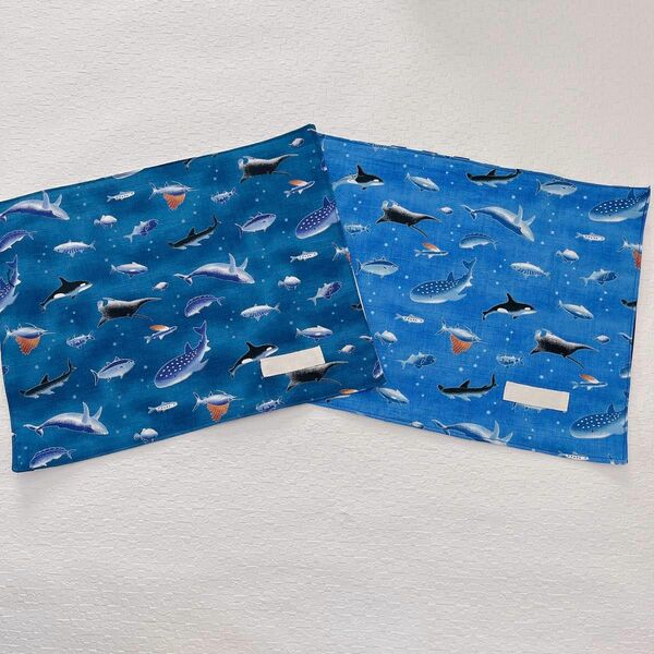 ランチョンマット ハンドメイド 男の子 女の子 海の生きもの サメ クジラ 紺 水色