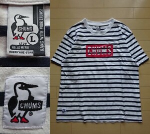 【CHUMS】ボックスロゴ 半袖 ボーダー Tシャツ ホワイト×ネイビー SIZE:LARGE (チャムス,キャンプ,アウトドア)