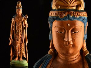 【流】仏教美術 彩色木彫特大観音立像 高92cm TR674