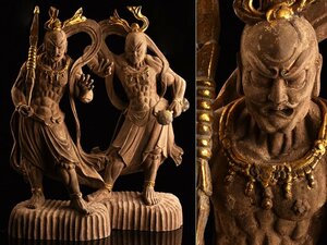 【流】仏教美術 木彫金彩特大金剛力士像一対 高60cm TS173○