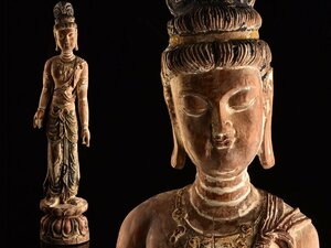 【流】仏教美術 時代 木彫彩色特大仏立像 高90cm KU893
