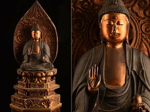 【流】仏教美術 時代 木彫塗金玉眼仏坐像 高78cm TT139◎