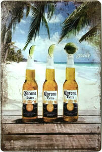 コロナ Corona ビール ブリキ看板 20cm×30cm ビーチ フォト 雑貨 サインボード サインプレート 店舗用品