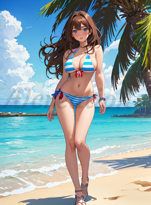 【４９】美女ポスター A4サイズ 光沢紙 高画質 セクシー美少女 青白ストライプ水着 ビキニ 全身