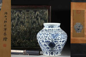 ■観心・時代旧蔵■C8470『中国古画 清時代 郎世寧 絹本立軸』元青花纏枝花卉罐・時代物・古陶磁・古賞物・旧家買出品