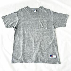 90s RUSSELL USA製 ポケットTシャツ L 無地 杢グレー 霜降り ビンテージ （ 90年代 ラッセル ポケT ビッグサイズ アメリカ製 80s 70s 古着