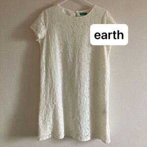 【美品】earth ワンピース オフホワイト 花柄 レース ゆったり チュニック 体型カバー