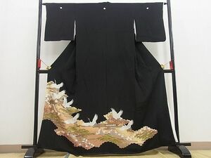  flat peace shop Noda shop # gorgeous kurotomesode piece embroidery . piling . crane scenery flower writing gold paint excellent article BAAE4128hj