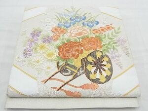 平和屋野田店◎太鼓柄袋帯　相良刺繍　菱天井花車文　銀糸　逸品　BAAE4626vj