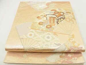 平和屋野田店◎六通柄袋帯　唐織　扇面御所車花文　本金箔二重織　逸品　BAAE0689kj