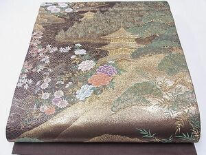 平和屋1■西陣　六通柄袋帯　九百錦　京風景花文　本金貮重箔　逸品　未使用　CAAD6897hy