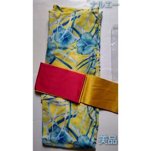 ナルエー浴衣・帯セット ハイビスカス メッシュ レディース リバーシブル 青黄色 和装