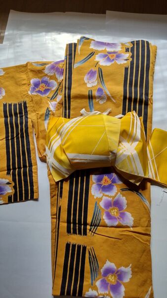 浴衣・帯セット リボンタイプ作り帯 結び帯 黄色カラシ色 花柄 大人 初心者