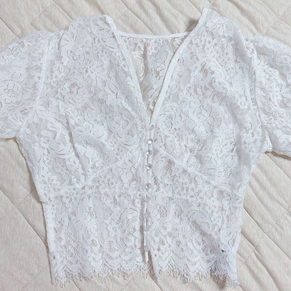 【美品】【GRL】パフスリーブ レーストップス Mサイズ ホワイト