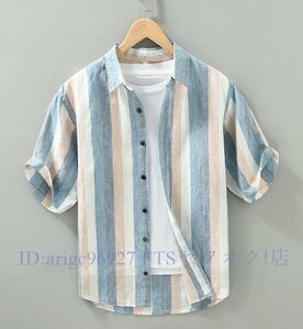 B1350☆新品リネンシャツ 半袖シャツ メンズシャツ ストライプ柄 亜麻100% 麻シャツ アロハシャツ 清涼感 サマー 快適 ブルー系