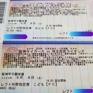 阪神タイガース VS 埼玉西武ライオンズ 6月8日 阪神甲子園球場 2枚
