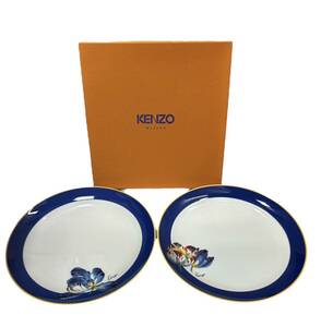 【1円スタート！未使用品】KENZO ケンゾー クロッキュス ペアプレート 花柄 ネイビーライン 洋食器 皿 箱付き