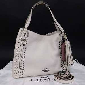 1 jpy # ultimate beautiful goods Coach 2way bag 57241 white group leather studs usually using stylish COACH #E.Bee.hP-27