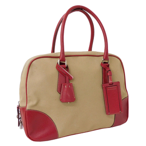 1 jpy # beautiful goods Prada Boston bag beige group × red group canvas × leather travel casual PRADA #E.Csme.tI-15