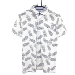 トミーヒルフィガー 半袖ポロシャツ 白×ネイビー パイナップル柄 総柄 メンズ L ゴルフウェア Tommy Hilfiger Golf