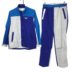 ミズノ レインウェア上下セット(2WAYジャケット×パンツ) ブルー×ライトグレー 袖着脱可 収納袋付き メンズ M ゴルフウェア MIZUNO