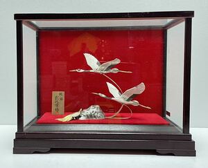 純銀 武比古作 鶴亀 丹頂の祝賀の舞 銀製置物 ガラスケース付き インテリア