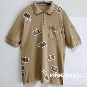 【PINK HOUSE】 ピンクハウス ベージュ ワッペンロゴ多数 ポロシャツ