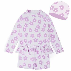 [Teddy] Kids swimsuit girl separate for children long sleeve Rush Guard swimming cap 3 point set kids418 ( flower, 8T(120
