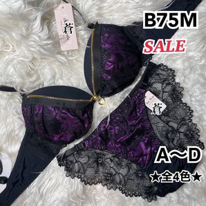 蒼B75★ブラックローズレースファスナーブラショーツセット★蒼パープル★蒼特別価格★蒼ファスナーブラ★蒼レースショーツ★蒼A~D