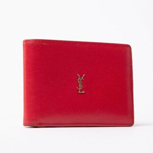 1円 ■YVESSAINTLAURENT イヴサンローラン レザー カードケース カード入れ 名刺入れ ボルドー系 赤 レッド ロゴ 金具J164