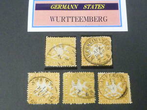 24L　A　№34　ドイツ切手 GERMANN STATES　1861年　WURTTEBERG　SC#25　3kr　計5枚　使用済　【SC評価 $300】　