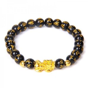 【開運ブレスレット】大人気商品!金運・財運・邪気払い◆黒曜石8mm×貔貅×ゴールド刻印◆神獣 ヒキュウ ピシュー◆風水 数珠 レディース