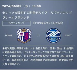 2024/6/5(水) 19時キックオフ セレッソ大阪 vs ＦＣ町田ゼルビア ヨドコウ桜スタジアム ホームバック大人1枚