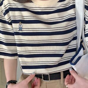 【新品】ビッグシルエット マルチボーダー Tシャツ トップス ネイビー 004390XL