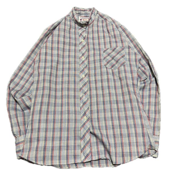 70s USA製 ノーカラー LS チェックシャツ メンズS 相当