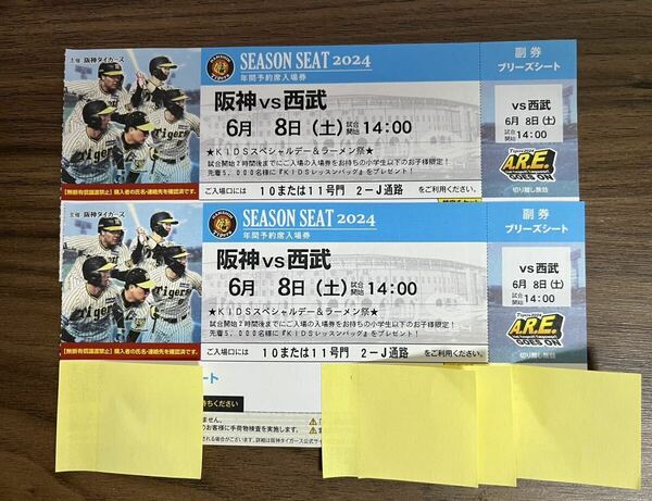 定価以下　6月8日(土)阪神VS西武　甲子園チケット　ブリーズシート連番2枚セット　中止時90%返金