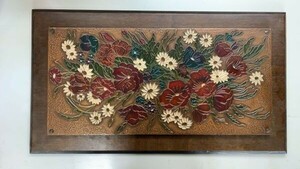 3F1029- wall hanging used copper board . wooden frame ornament . floral print hand making HAND MADE