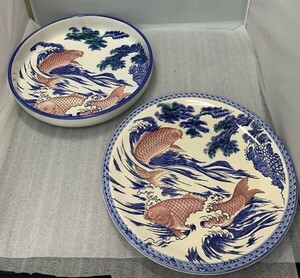 A1051→大皿 飾皿 絵皿　盛皿　さかな　魚　２点セット　松　陶磁器