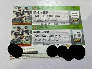 6/9( day )14:00 Hanshin Tigers VS Seibu Koshien ticket g lean seat pair on sale stop compensation equipped 