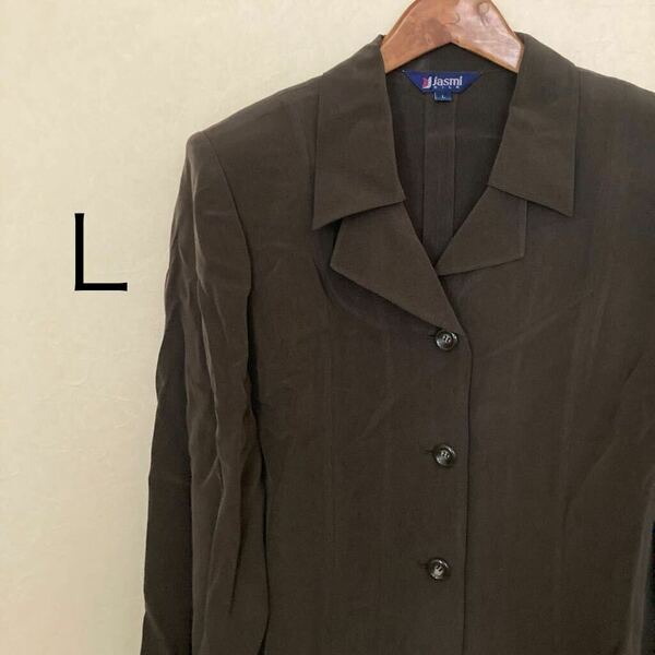 ジャケット レディース L 薄手 長袖 ブラウス シャツ トップス シルク100% 黒 ブラック