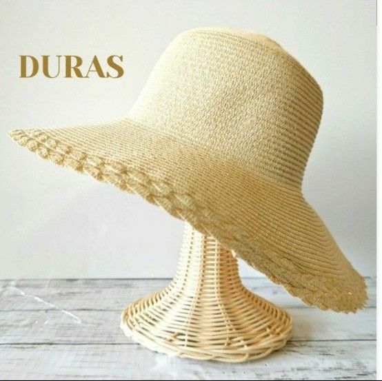 DURAS　ストローハット　麦わら帽子　キャペリン　クロシェハット　UV対策 帽子 ハット つば広　ベージュ　ナチュラル