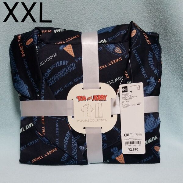 新品☆XXL/トムとジェリー サテンパジャマ(半袖&ロングパンツ)ネイビー☆GU