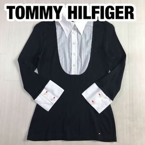 TOMMY HILFIGER Tommy Hilfiger порез . вернуть дизайн вязаный S черный × белый флаг Logo вышивка Logo тонкий 