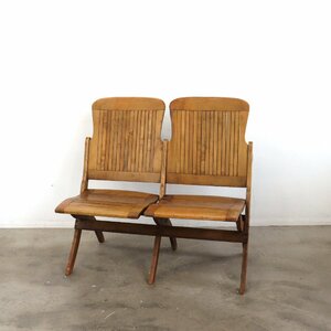 1920s-30s antique 2 -seater bench / America wooden folding chair theater chair store furniture display #602-100-100-283