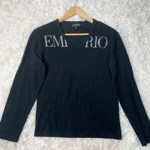 【F02】EMPORIO ARMANI エンポリオアルマーニ Tシャツ 長袖 Vネック ロゴ プリント 黒 ブラック Mサイズ メンズ